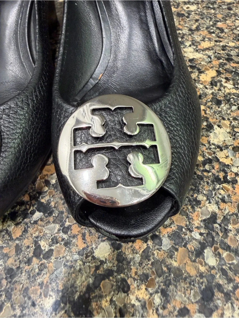 Tory Burch Black Leather Peep-Toe Heels with Silver Logo Medallions 7.5